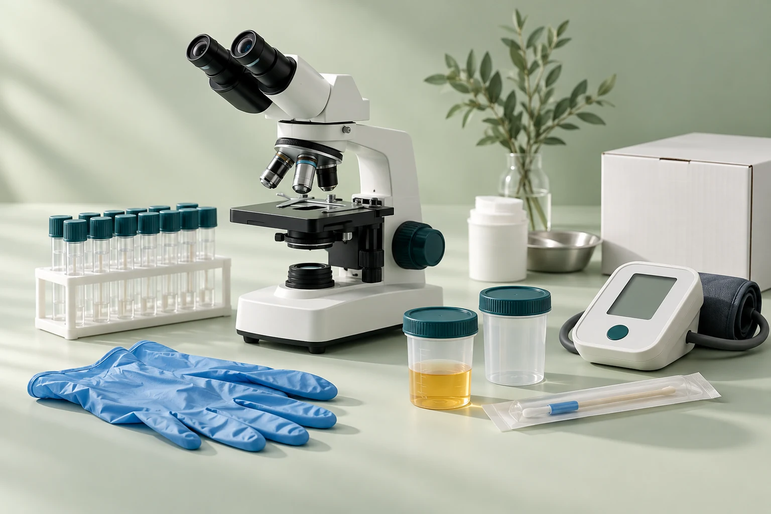 Illustration of laboratory equipment and medical supplies arranged on a workbench