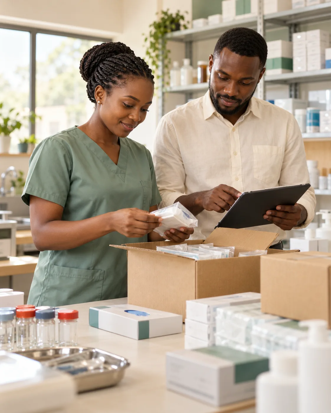 Illustration of medical supply professionals preparing an order together